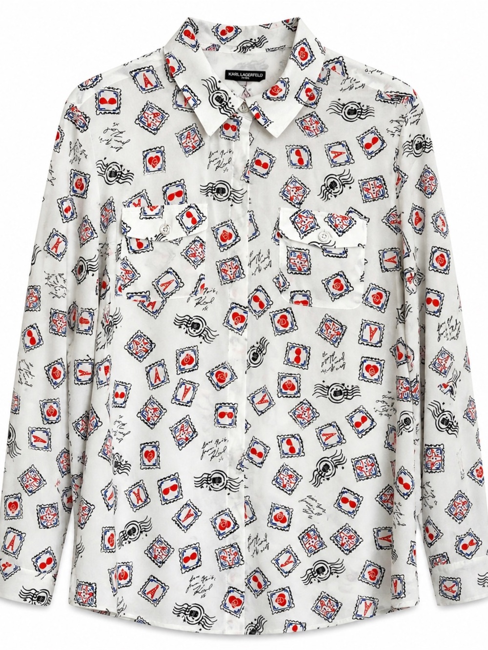 Karl Lagerfeld Paris Stamp Print Button Up Blouse L Graphic Novelty